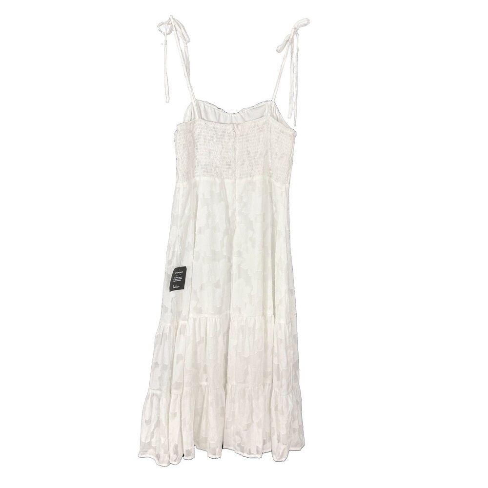 LULUS Sweet Sentiments Jacquard Tiered Midi Dress L White Tie Strap Slit NWT B81 - Picture 3 of 6